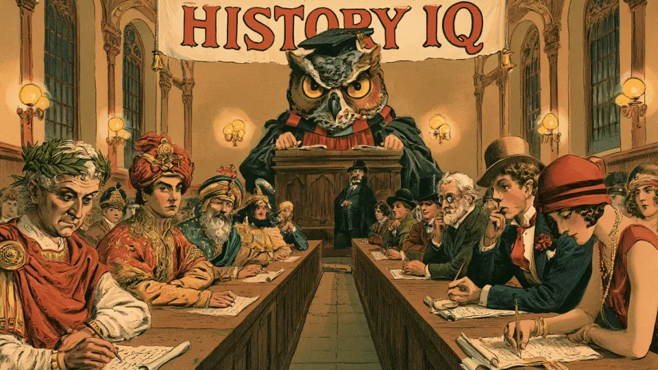 Chromolithograph-style cartoon of a grand examination hall where figures from many eras — a laurel-crowned Roman, a turbaned courtier in gold silk, a monocled Victorian gentleman, a 1920s flapper — bend over quiz papers at long wooden desks while an owl in academic robes and a mortarboard presides from a high lectern beneath a banner reading HISTORY IQ