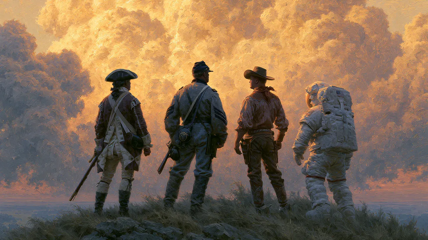 Oil painting of a colonial minuteman, a Union soldier, a cowboy, and an astronaut standing together on a grassy ridge beneath towering golden clouds