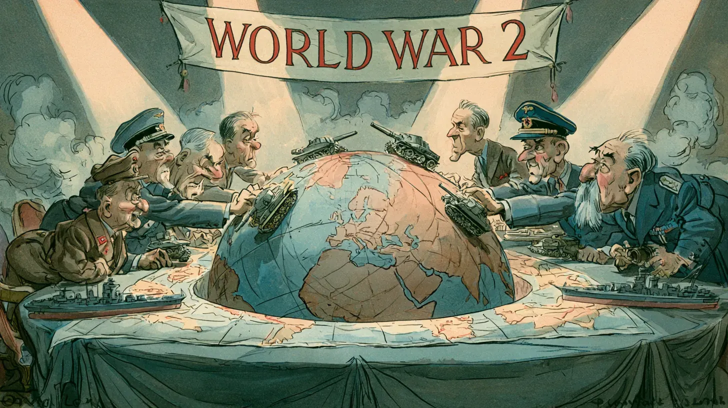 Colorful satirical cartoon of caricatured Allied and Axis generals leaning over a giant globe on a war-room map table, pushing toy tanks across Europe beneath a banner reading "World War 2"