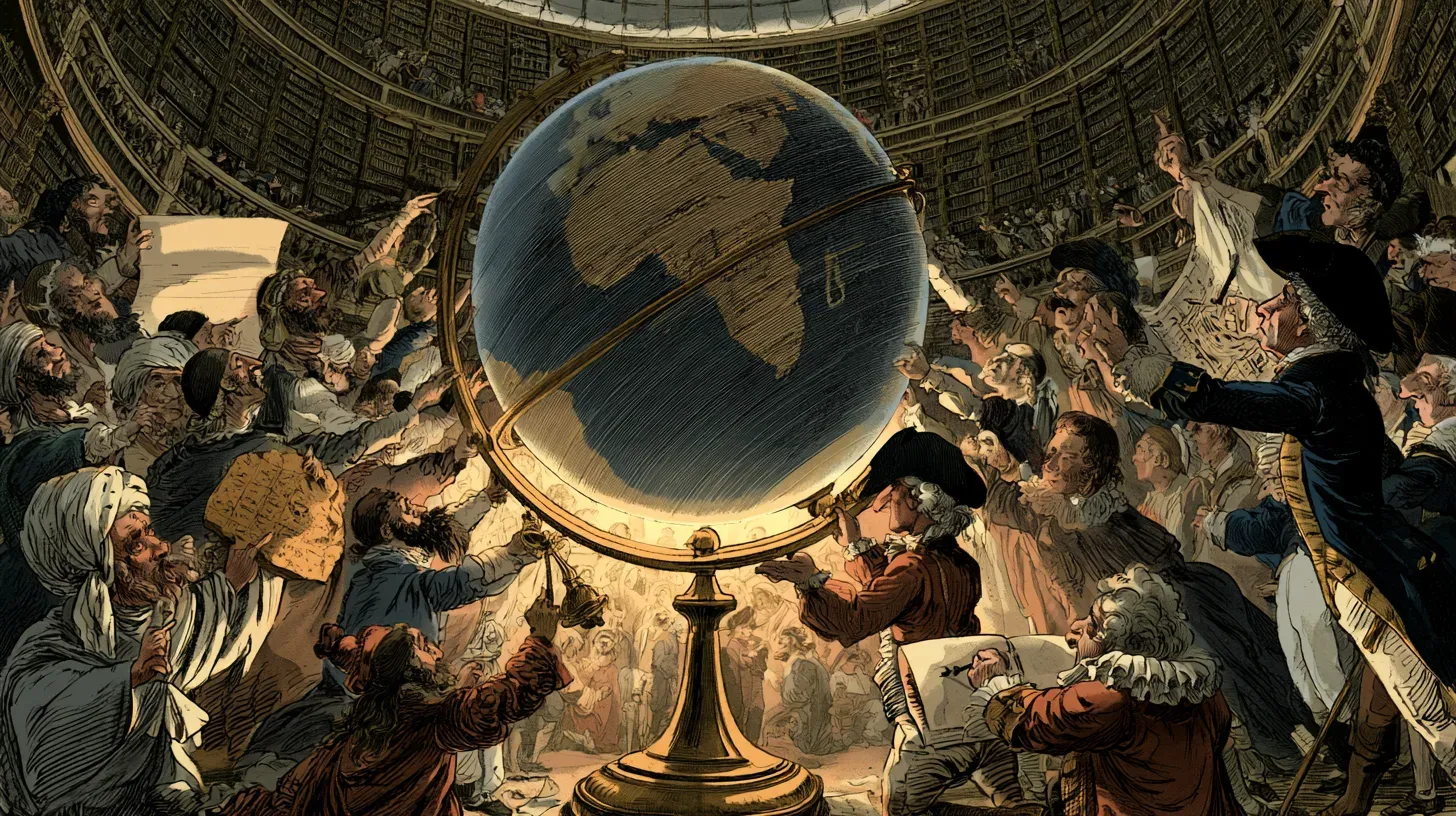 Densely crowded engraving-style cartoon of an enormous globe on a brass stand showing Africa, mobbed by figures from many centuries — a turbaned scholar clutching a clay tablet, powdered-wig officials, a tricorn-hatted captain — inside a domed library whose shelves curve out of sight