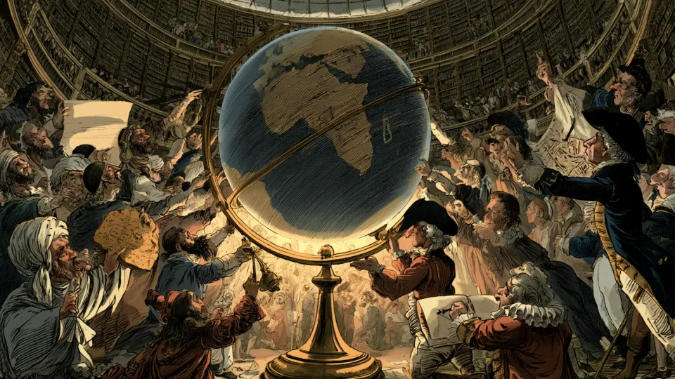 Densely crowded engraving-style cartoon of an enormous globe on a brass stand showing Africa, mobbed by figures from many centuries — a turbaned scholar clutching a clay tablet, powdered-wig officials, a tricorn-hatted captain — inside a domed library whose shelves curve out of sight