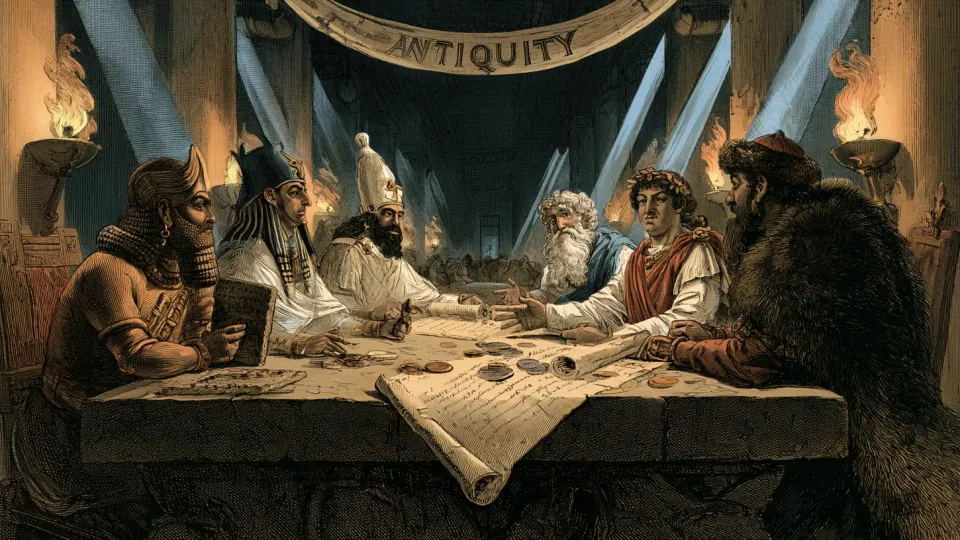 Densely crowded engraving-style illustration of six figures from different ancient civilisations — a Mesopotamian in a fringed robe, an Egyptian in a striped headdress, a white-robed priest in a tall hat, a white-bearded Greek, a laurel-crowned Roman and a fur-cloaked steppe rider — arguing across a long stone table strewn with scrolls and coins, torches burning against columned walls beneath a banner reading "ANTIQUITY"