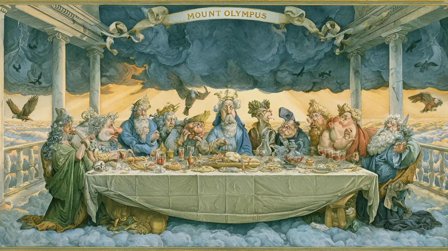 Colorful satirical cartoon of caricatured Greek gods feasting around a long banquet table on a cloud-top marble terrace beneath a banner reading "Mount Olympus", with eagles circling the storm clouds