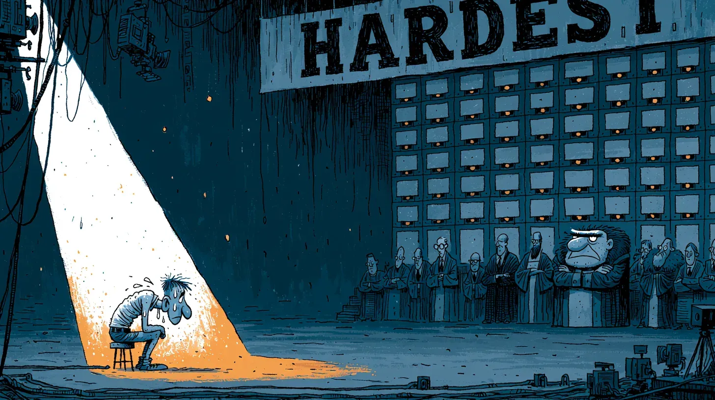 Cartoon of a sweating quiz contestant alone under a spotlight, dwarfed by a huge scoreboard of blank question slots beneath a banner reading HARDEST