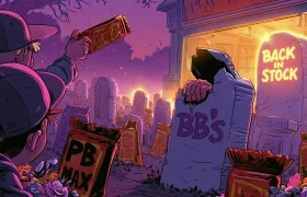 Kids at a candy graveyard with PB Max and BB's headstones and a neon Back In Stock sign