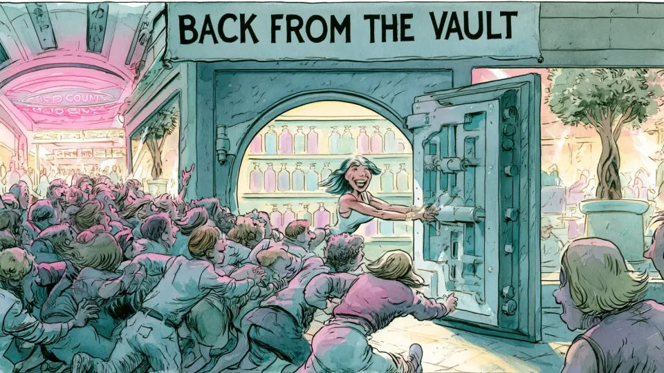 Cartoon crowd of shoppers rushing a Bath and Body Works vault of retired fragrance bottles