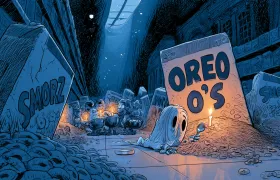 Cartoon graveyard in a supermarket aisle where the tombstones are cereal boxes labeled Smorz and Oreo O's, with a ghost mascot laying a spoon at a grave and mourners holding candlelit cereal bowls
