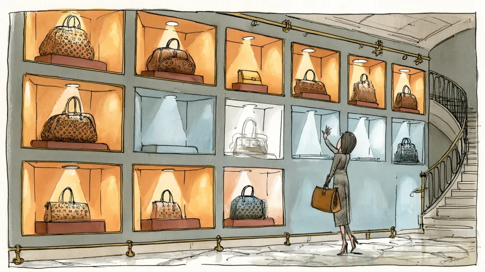 Illustration of a boutique display wall where some lit niches hold monogrammed handbags, several stand empty, and one bag has faded to a transparent outline as a shopper reaches toward it