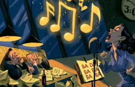 Cartoon singer recording the five-note jingle at 3 a.m. beside two exhausted composers