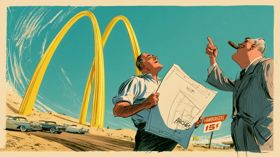 Cartoon of an architect and a cigar-smoking client looking up at two giant yellow McDonald's arches beside a 1950s desert highway