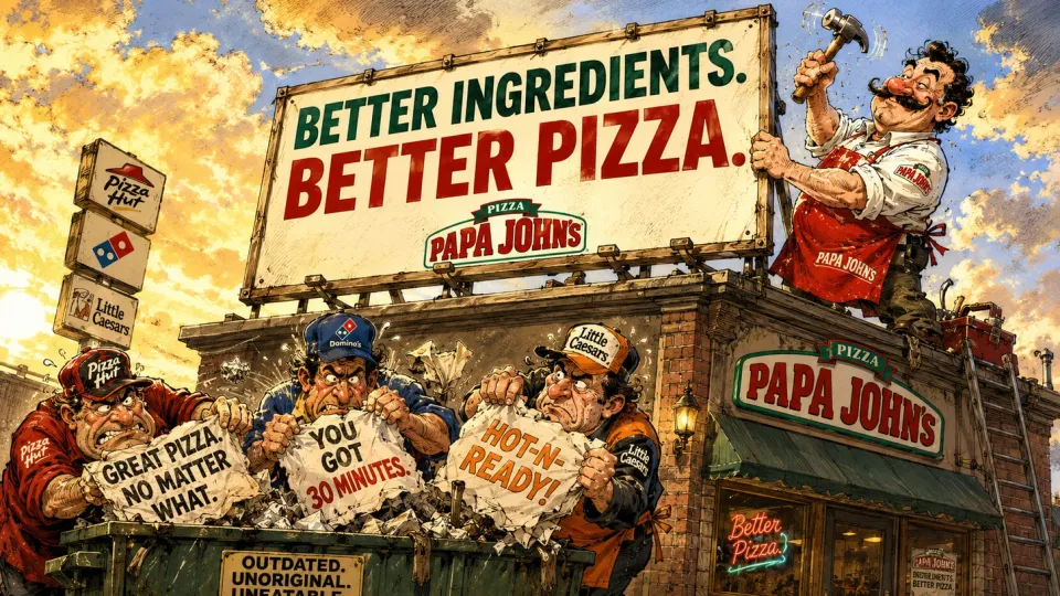 Cartoon pizza chef hammering a Better Ingredients Better Pizza billboard above rivals dumping old slogans