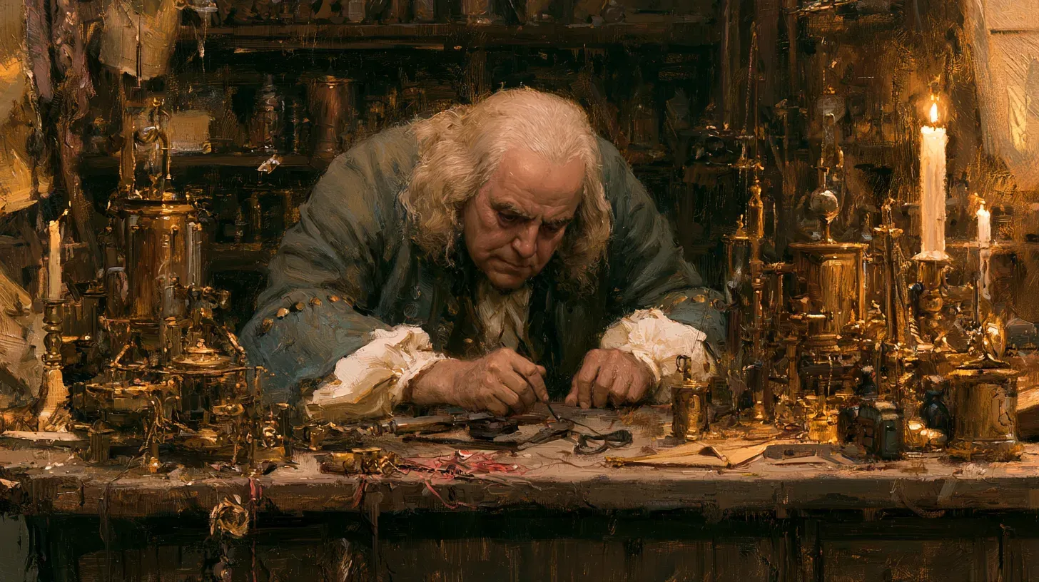 Painting of Benjamin Franklin bent over a candlelit workbench crowded with brass scientific instruments
