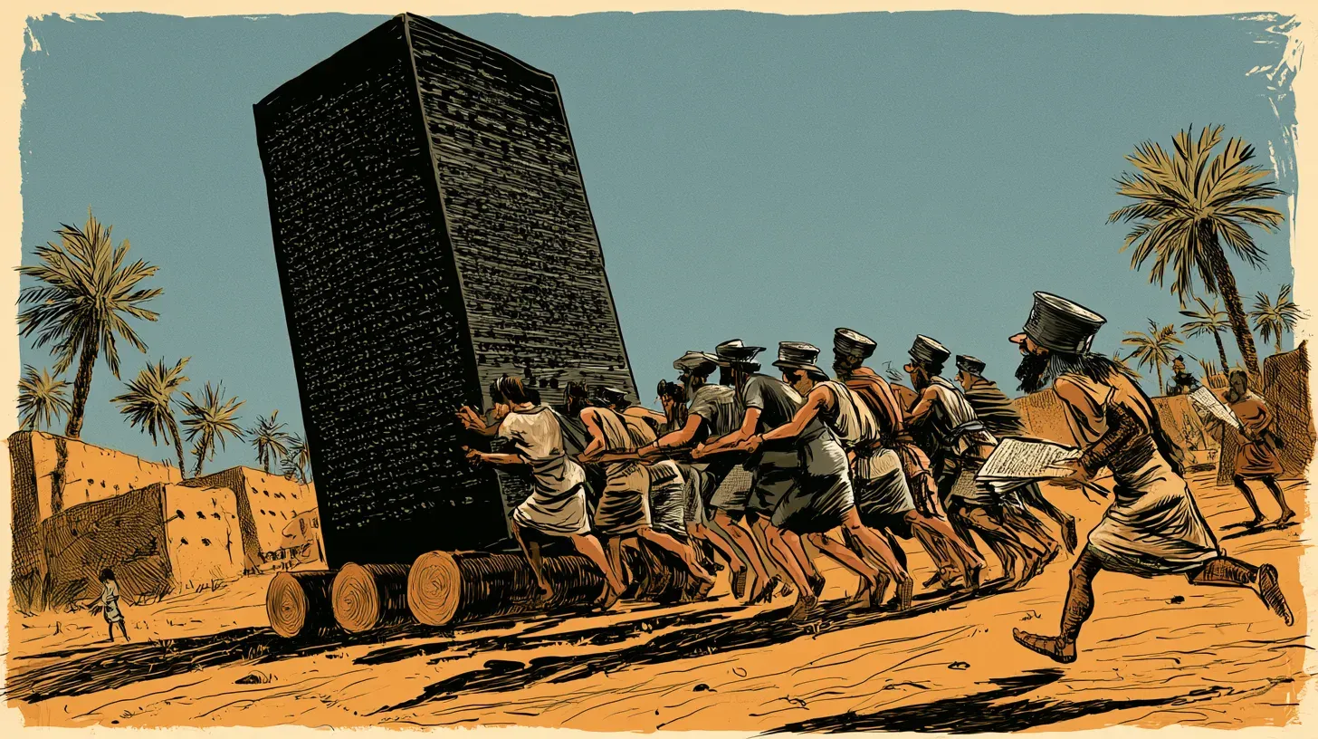 A line of labourers in tunics straining to haul a huge black inscribed stone pillar across orange desert sand on log rollers, a bearded scribe running alongside with a document, mudbrick walls and date palms behind