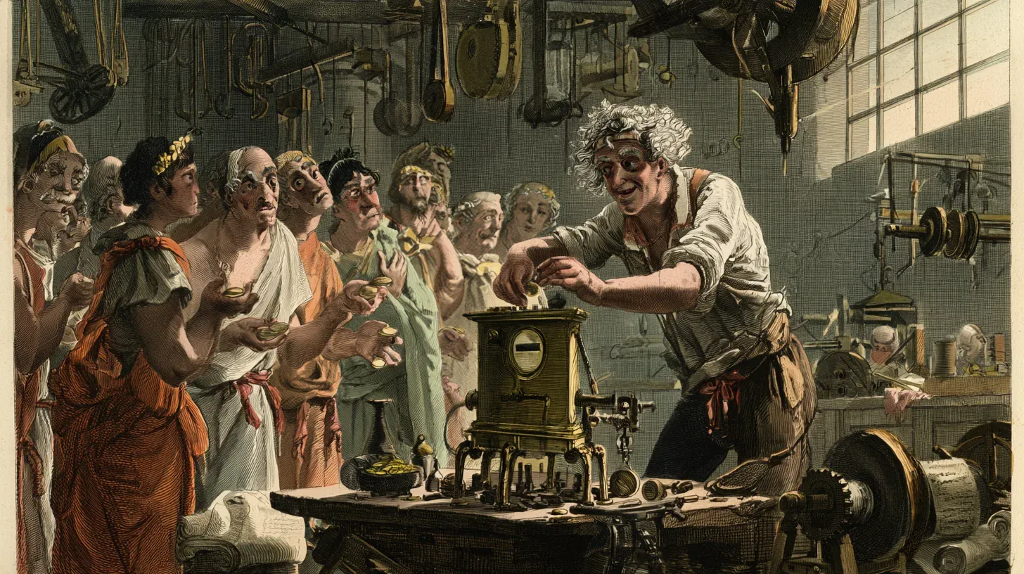 Hand-colored etching-style cartoon of a wild-haired inventor dropping a coin into a small brass machine on a workbench while a queue of onlookers in tunics and togas wait, coins in hand