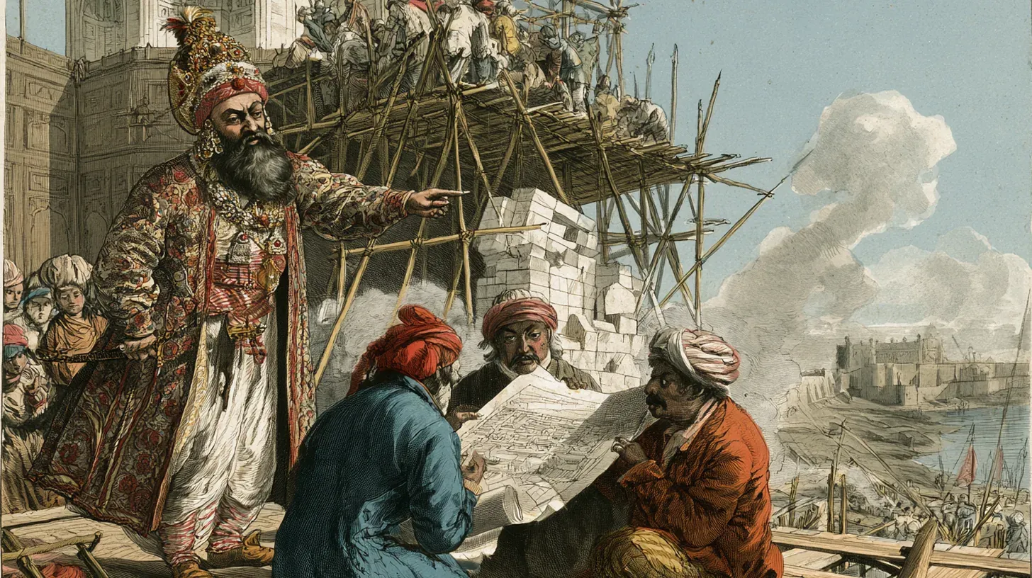 Hand-colored etching-style cartoon of a Mughal emperor in a jewelled turban and heavy brocade coat pointing sharply past three turbaned architects crouched over a large unrolled plan, with workers swarming bamboo scaffolding around a half-built white marble structure and a sandstone riverside fort beyond