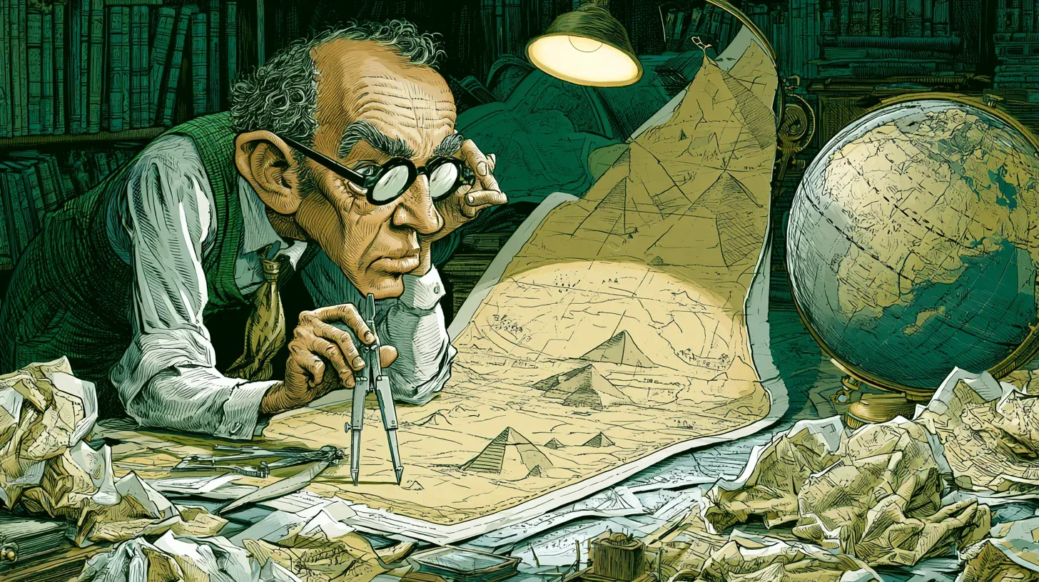 Cartoon of a cartographer bent over a large unlabelled desert map with calipers, surrounded by discarded maps