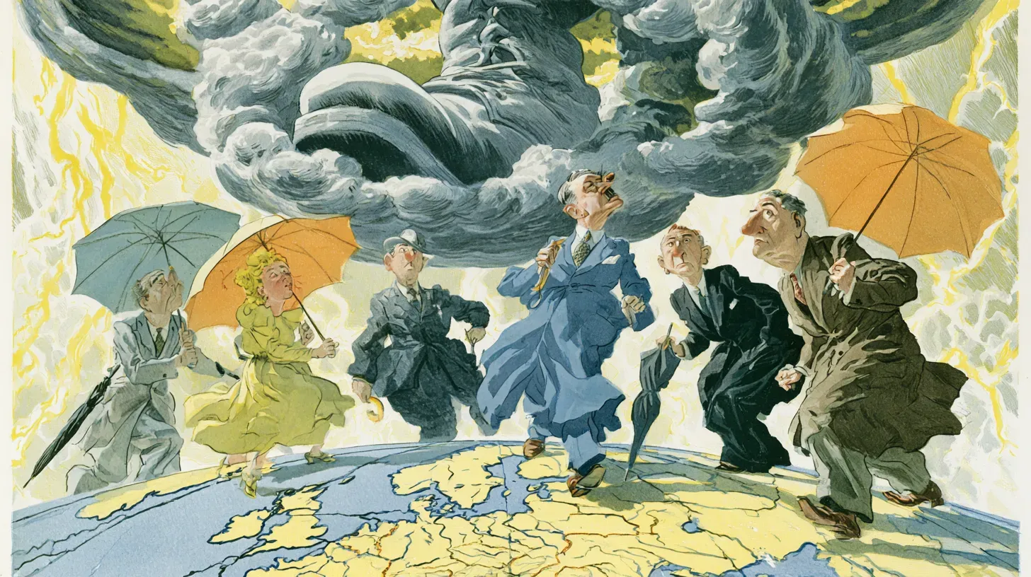 Cartoon of anxious civilians clutching umbrellas atop a map of Europe as an enormous storm cloud shaped like a jackboot descends from a lightning-filled sky