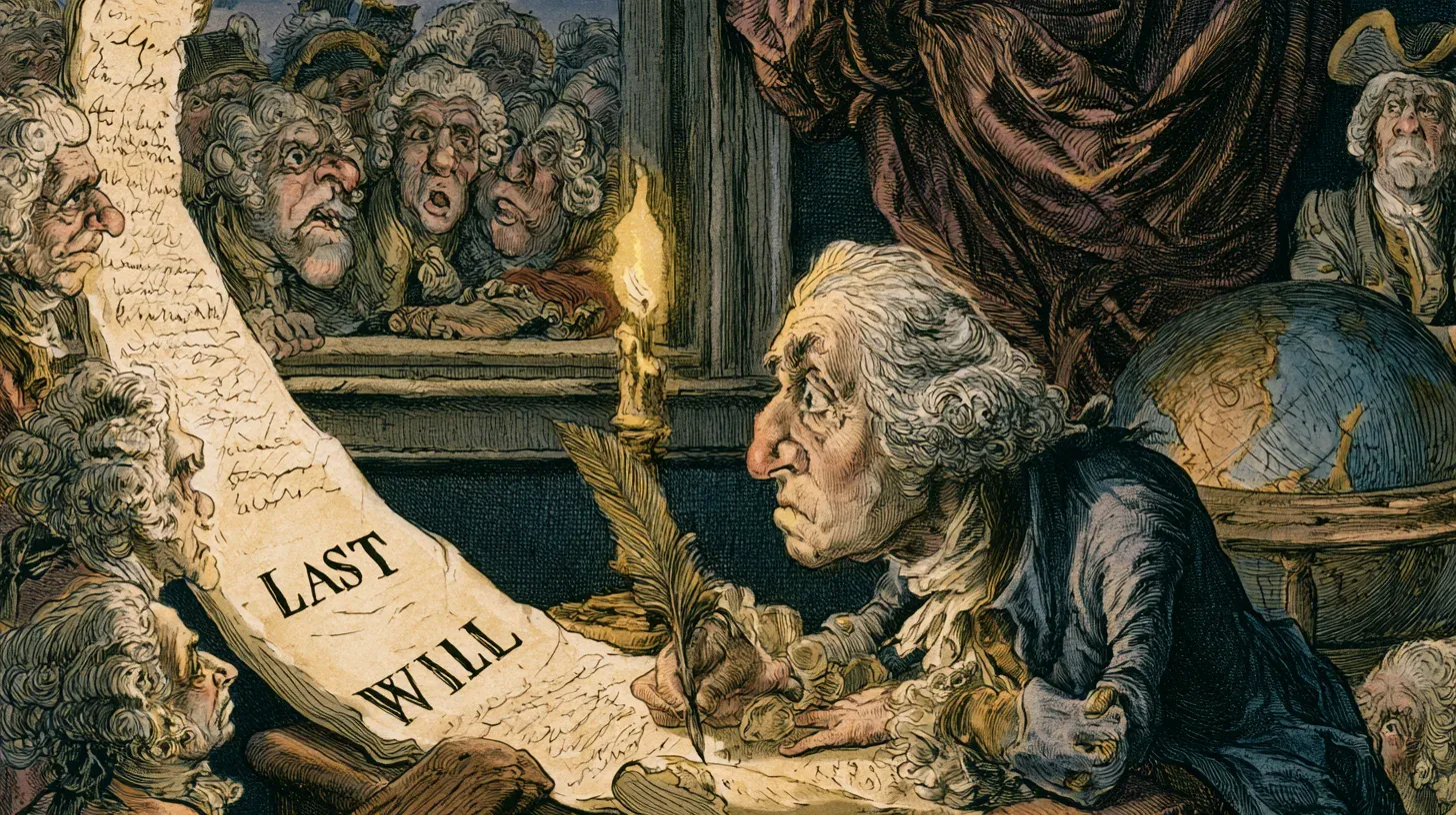 Cartoon of George Washington writing by candlelight at his desk as a long scroll reading "Last Will" unfurls and bewigged onlookers gape through the window