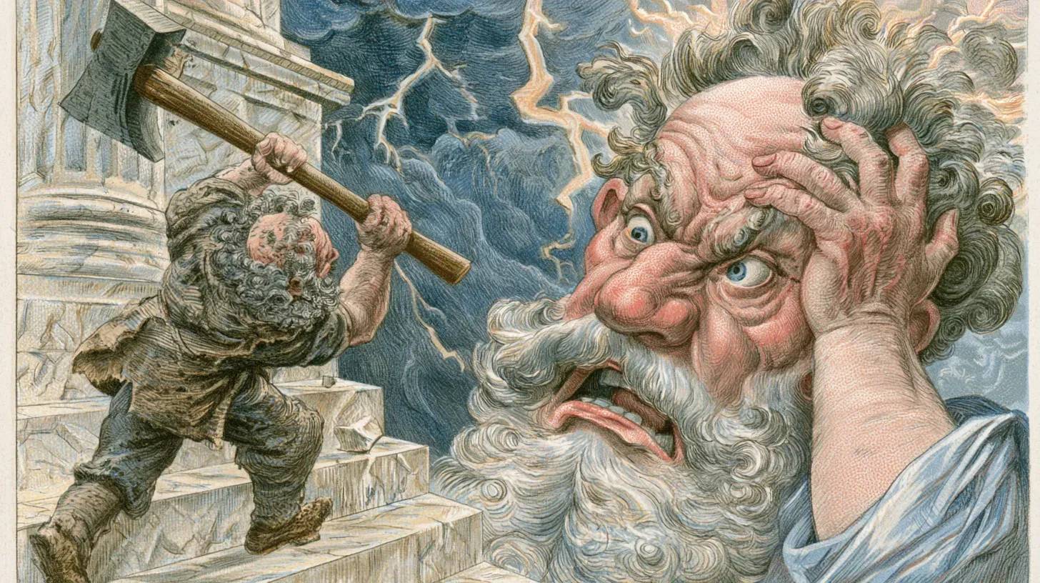 Cartoon of a colossal wild-eyed Zeus clutching his aching head as lightning crackles behind him, while a small smith god charges up the marble steps hefting an enormous axe