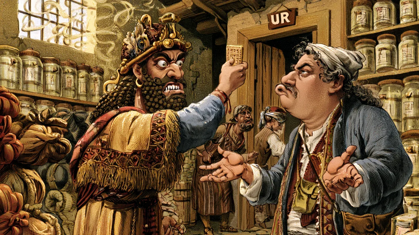 Cartoon illustration of a furious bearded customer in a fringed robe and gold headdress thrusting a small inscribed clay tablet into the face of a plump apologetic merchant, both hemmed in by shelves of sealed jars and stacked sacks in a cramped storeroom, a sign above the door lettered "UR"