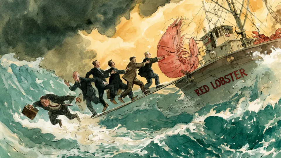 Red Lobster executives passing a giant shrimp aboard a storm-tossed boat named Red Lobster