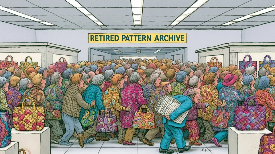 Cartoon crowd packing a Retired Pattern Archive hall of quilted Vera Bradley bags