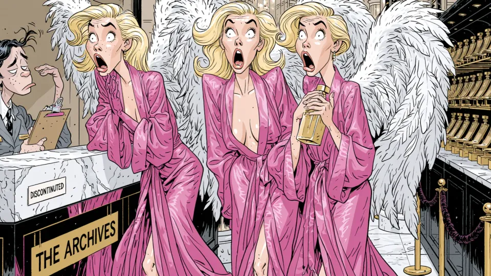 Cartoon of three Victoria's Secret Angels in feathered wings recoiling in shock at a stripped-bare perfume counter